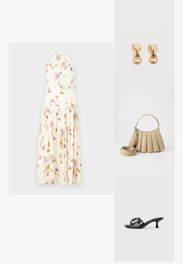 Robe maxi en tissu crème avec un imprimé floral mettant en avant des fleurs roses et jaunes, col halter et jupe plissée.; Mules en cuir verni noir avec bout ouvert, larges brides, accent métallique et petit talon carré. Texture lisse avec une finition brillante.; Lacoste LENGLEN BAG - Sac à main - viennois; Paire de boucles d'oreilles créoles en bouclettes dorées brillantes sur fond blanc uni, présentant un design torsadé entrelacé.