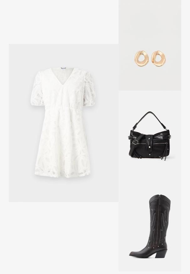 Robe blanche avec un décolleté en V, des manches bouffantes et des détails en dentelle florale délicate. La taille élastique et la jupe évasée mettent en valeur sa texture légère.; Bottes de cowboy en cuir marron avec surpiqûres en forme de flammes, fermeture éclair latérale, clous argentés, bout pointu et talon superposé.; Even&Odd by Zalando H24462 - Sac à main - black; Paired boucles d'oreilles en métal doré poli de forme irrégulière avec un centre ouvert sur un fond blanc uni.