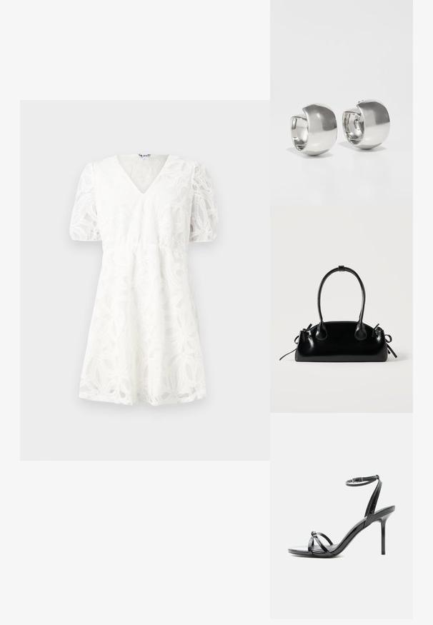 Robe blanche avec un décolleté en V, des manches bouffantes et des détails en dentelle florale délicate. La taille élastique et la jupe évasée mettent en valeur sa texture légère.; Sandale à talon haut en cuir verni noir avec de fines lanières croisées sur les orteils et une sangle à boucle à la cheville sur fond blanc.; Petit sac à main noir brillant avec deux longues anses et des détails à cordon sur les côtés sur un fond clair uni.; Uncommon Matters SCULPTURAL LARGE CREOLE - Boucles d'oreilles - silver-coloured