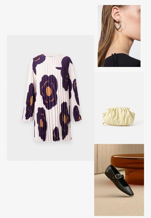 Plisseret langærmet kjole med store lilla og orange blomsterprint på en lyserød baggrund, mærket Marimekko.; Sort Mary Jane flatsko i læder med sølvspænde, vist på beige tæppe nær en brun rund bordfod.; Gul plisseret håndtaske lavet af glat kunstlæder, med en blød form, en enkelt skulderrem og samlet topdesign.; Sølv hoop ørestik med en poleret overflade, prydet med små guld accenter og en rund form, båret på øreflippen.