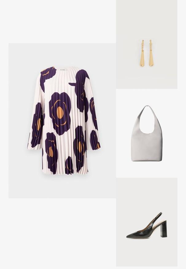 Plisseret langærmet kjole med store lilla og orange blomsterprint på en lyserød baggrund, mærket Marimekko.; Sort læder peep-toe slingback sko med høj blokhæl og beige indvendig foring mod en ensfarvet lys baggrund.; Hvid lædertaske med ét skulderrem, blød tekstur og diskret Calvin Klein-logo nær bunden i midten.; Øreringe i guldfarvet metal med glatte, aflangt dråbeformede vedhæng, der hænger fra små creol-låse på en hvid baggrund.