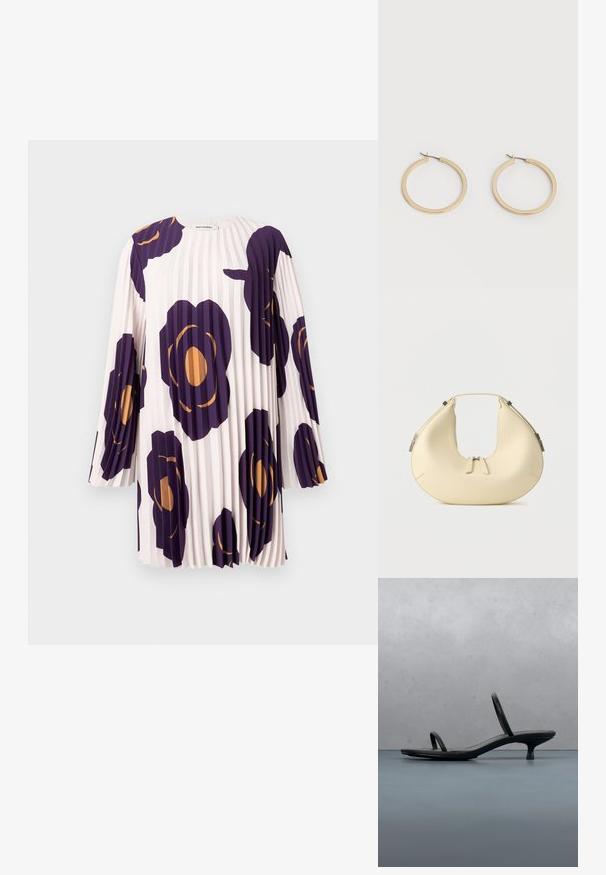 Plisséjurk met lange mouwen en grote paarse en oranje bloemenprints op een lichtroze achtergrond, gelabeld Marimekko.; Zwarte Calvin Klein sandaal met hoge hak en dunne bandjes, in balans op houten tegels buiten, vlakbij een muur en groen.; Beige, halvemaanvormige handtas met dubbele ritssluiting en korte handgreep, voorzien van zilverkleurige hardware details aan de zijkanten.; Een paar gladde goudkleurige middelgrote creooloorbellen met scharniersluitingen op een effen lichte achtergrond.