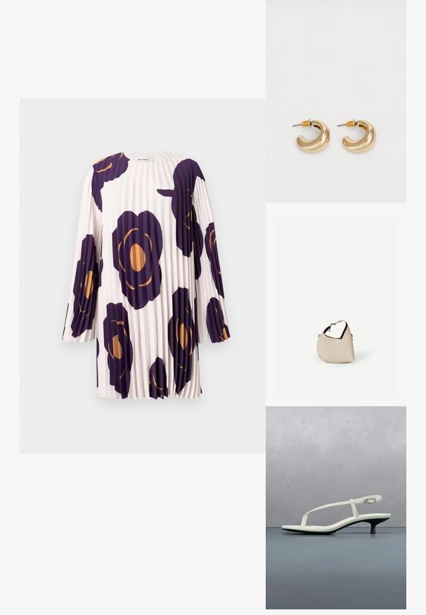 Plisseret langærmet kjole med store lilla og orange blomsterprint på en lyserød baggrund, mærket Marimekko.; Hvid sandal med stropper og kitten-hæl med spids tå, svævende over et trægulv udendørs med en sløret plante og væg i baggrunden.; Beige læder håndtaske i halvmåneform med en enkelt skulderrem og minimal syning, sat mod en ensartet hvid baggrund.; To skinnende guldøreringe i et buet design med orange accenter nær stikket, sat mod en enkel hvid baggrund.