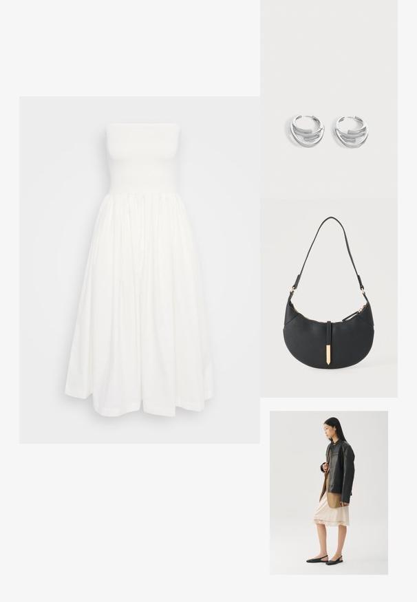 Vestido blanco de línea A sin tirantes, con un cuerpo ajustado, falda con pliegues y textura de algodón suave. Sin patrones ni adornos visibles.; Chaqueta de cuero negra sobre una blusa marrón, combinada con un vestido camisón color crema claro con ribete de encaje y zapatos slingback negros.; Bolso negro en forma de media luna con una sola correa, cremallera dorada y una lengüeta decorativa rectangular dorada en la parte delantera.; Par de pendientes de aro plateados pulidos con diseño de barra curva en capas sobre un fondo claro y liso.
