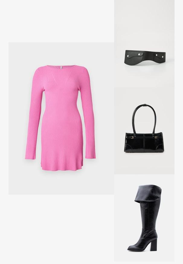 Robe longue rose côtelée à manches longues avec une silhouette ajustée, dotée d'un col en V subtil et de fentes latérales pour faciliter le mouvement.; Botte haute en cuir noir avec talon, bord plié et bout arrondi, debout sur un fond blanc.; Sac à main rectangulaire noir brillant avec deux fines bretelles et petits détails de boucles dorées à l'avant.; Ceinture en cuir noir avec deux poches arrondies, fermées par des boutons-pression en argent. Texture lisse, design légèrement courbé.
