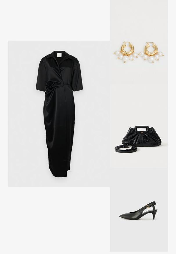 Robe en satin noir avec un col, manches courtes, détail torsadé à l'avant, et longueur midi, affichant une texture lisse et élégante.; Chaussure à talon slingback en cuir noir avec un bout pointu, un petit talon et un détail de boucle sur la bride de cheville. Texture lisse, design minimaliste.; Petit sac à main en cuir noir avec texture froncée, poignée rectangulaire et fine bandoulière amovible placée à côté.; Boucles d'oreilles en or en forme de créoles, ornées de trois perles blanches pendantes, maintenues par des accents en fil. Fini métallique lisse avec un aspect poli.