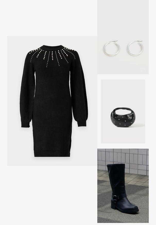 Mustmustööd mustad kudum dress, millel on ümmargune kaelus, pikad puffvarrukad ja pärlihelmede kaunistus õlgade piirkonnas. Varustatud soonikute mansettidega.; Must nahktõlvik keskmise vasikaosa kõrgusega, madala plokksanga ja kaunistava metallkinnitusega rihmaga ümber pahkluu, plaaditud kõnniteel.; Mustast nahast ümmarguse kujuga käekott, kaunistatud hõbedaste naeladega, lühikese sangaga. Sile tekstuur ja tõmblukuga sulgemine.; Keskmise suurusega läikivad hõbedased rõngakujulised kõrvarõngad õhukeste metallist kinnitustega heledal neutraalsel taustal.