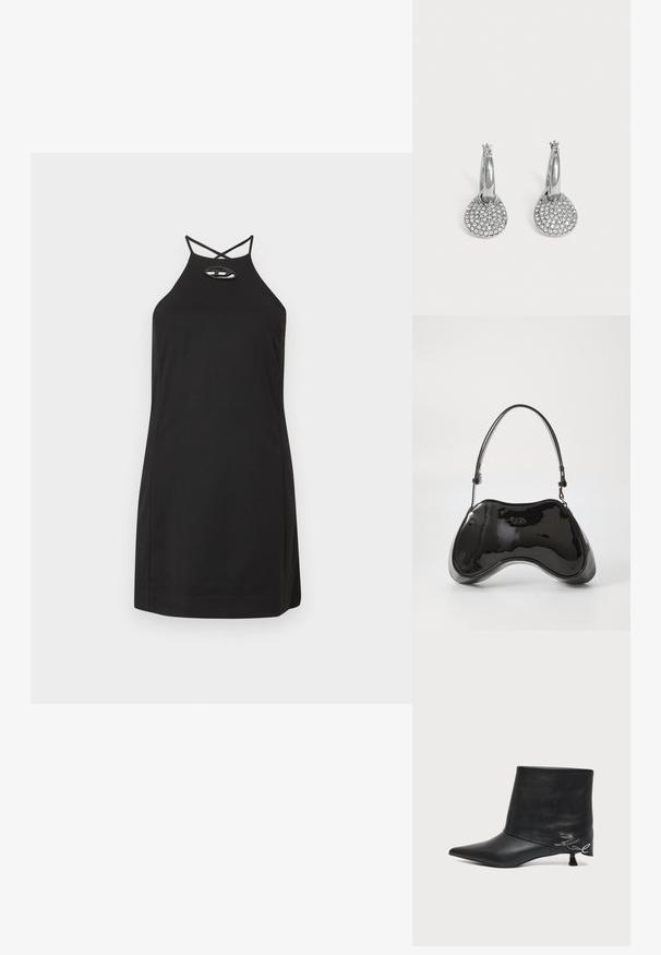 Robe noire à col halter avec une silhouette ajustée, présentant des bretelles croisées et un détail découpé ovale au niveau de l'encolure. Tissu lisse.; Bottine en cuir noir avec bout pointu, petit talon kitten et détail écrit argenté près du talon.; Sac à main en cuir verni noir avec une forme incurvée unique, une anse courte et ajustable, et une fermeture zippée. Texture lisse avec un branding discret.; Boucles d'oreilles créoles en argent avec des pendentifs ronds et plats incrustés de petits cristaux clairs sur un fond clair uni.