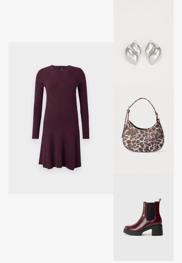 Sügavlilla kudum dresses, millel on pikad varrukad, kehakattev osa, millel on diagonaalsed ribade mustrid, ja flared seelik.; Burgundia nahast pahkluu saabastega, millel on elastsed külgpaneelid, ümar varvas ja jäme must konts, tagaküljel tõmbenöör.; Väike käekott tumepruuni ja heledabeži loomamustriga ning lühikese õlarihmaga valgel taustal.; Hõbedased kõrvarõngad orgaanilise ja abstraktse kujuga. Siledad, läikivad pinnad ja kitsenev disain. Omavad peeneid kõverusi ja keskset joondetaili.