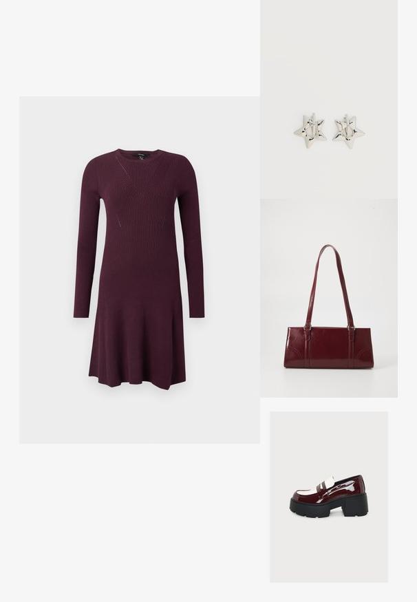 Sügavlilla kudum dresses, millel on pikad varrukad, kehakattev osa, millel on diagonaalsed ribade mustrid, ja flared seelik.; Jämeda platvormiga loafer, läikiva burgundi ja valge pealismaterjali ja paksu musta tallaga, külgvaade lihtsal heledal taustal.; Burgundia värvi käekott, mis on valmistatud läikivast materjalist, ristküliku kujuline, kahe õlapaelaga ning ees on peened kaarjad aktsendid.; Hõbedast tähekujulised rõngaskõrvarõngad, millel on sile ja poleeritud viimistlus, tavalise valge taustaga.