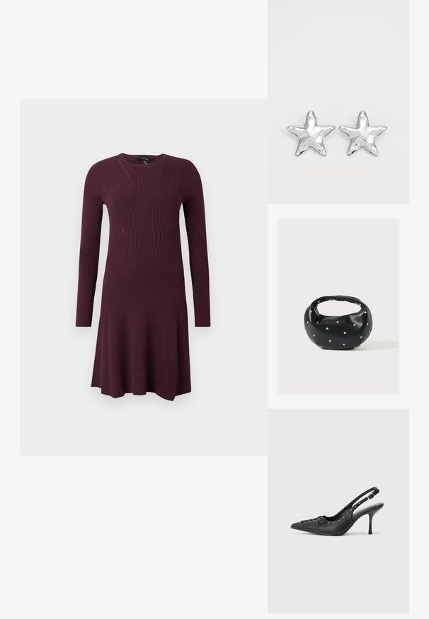 Robe en tricot de couleur violet profond, avec des manches longues, un corsage ajusté avec des motifs de côtes diagonales et une jupe évasée.; Escarpin en cuir noir à talon aiguille avec un bout pointu, une bride latérale à boucle, des clous le long du bord et un laçage décoratif à l'avant.; Sac à main en cuir noir de forme arrondie, décoré de clous argentés et équipé d'une poignée courte. Texture lisse et fermeture éclair.; Boucles d'oreilles argentées en forme d'étoile, avec une surface lisse et brillante. Chaque boucle d'oreille possède cinq pointes et des détails subtils de texture de surface.