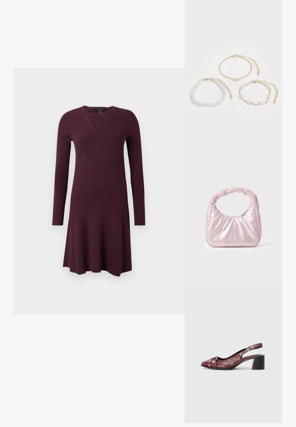 Sügavlilla kudum dresses, millel on pikad varrukad, kehakattev osa, millel on diagonaalsed ribade mustrid, ja flared seelik.; Burgundia nahast slingback kingad ümarate varvastega, kumeraga disainiga, hõbedaste metalldetailidega ja plokk-kontsaga. Tekstureeritud viimistlus.; Roosa, polsterdatud käekott ümmarguse disainiga, valmistatud läikivast materjalist. Omab kogutud käepidet ja lukuga sulgemist, et tagada turvaline ligipääs.; Kolme käevõru: üks valgetest pärlitest, üks kuldne kett kristallaktsentidega ja üks segatud kuld- ja pärlilinkidega. Kuldne toon domineerib.