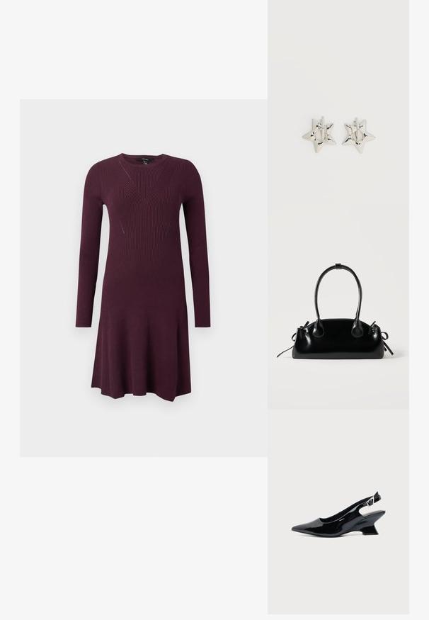 Sügavlilla kudum dresses, millel on pikad varrukad, kehakattev osa, millel on diagonaalsed ribade mustrid, ja flared seelik.; Mustast lakknahast slingback king, millel on terav nina ja madal kalle plokktald, ühtlase heleda taustaga.; Väike must läikiv käekott kahe pika sangaga ja külgedel paelakinnitustega, ühel lihtsal helel taustal.; Hõbedast tähekujulised rõngaskõrvarõngad, millel on sile ja poleeritud viimistlus, tavalise valge taustaga.