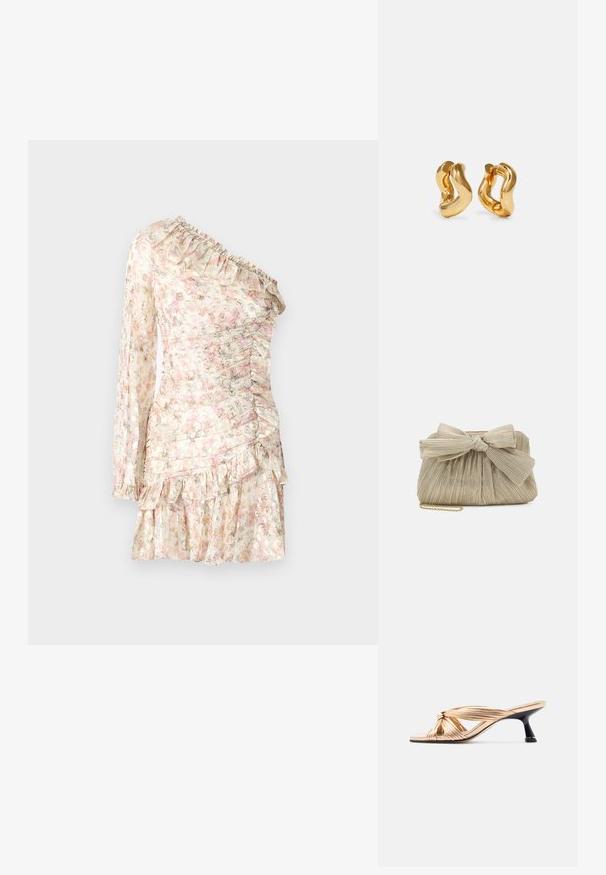 Robe à une épaule à imprimé floral en tissu léger, avec volants, manches longues, détails froncés et ourlet à volants dans des tons pastels.; Sandale à talon kitten dorée avec brides fines, détail en nœud et talon noir élégant, vue de profil sur fond blanc.; Loeffler Randall PLEATED FRAME WITH BOW - Pochette - platinum; Boucles d'oreilles en forme de créoles dorées avec un design ondulé, présentant une surface lisse et brillante ainsi qu'une forme élégante. Sans fermoirs visibles.