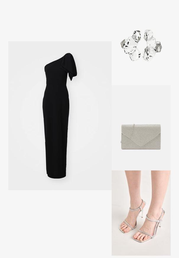 Vestido negro ajustado con un diseño asimétrico de un solo hombro y un detalle de manga abullonada. Hecho de una tela suave, hasta el suelo.; Pies que llevan sandalias de tacón alto plateadas con correas finas y puntas cuadradas, de pie sobre una superficie de color claro.; Bolso de mano metálico plateado con diseño de sobre, embellecido con un patrón texturizado, que incluye una correa de cadena desmontable.; Conjunto de seis piezas de forma irregular, translúcidas y reflectantes, similares al vidrio, dispuestas sobre un fondo blanco.