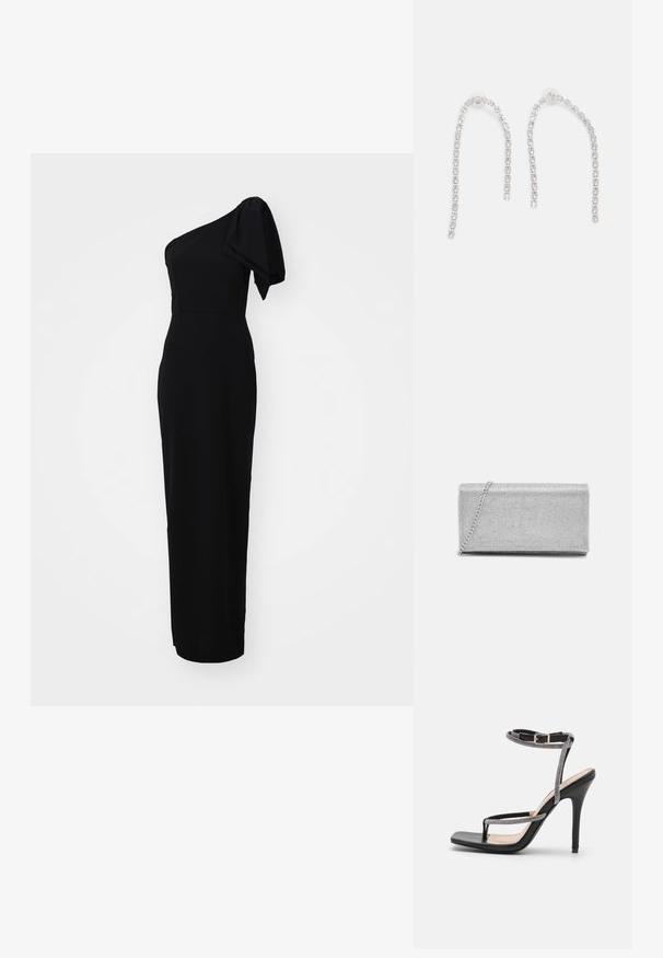 Vestido negro ajustado con un diseño asimétrico de un solo hombro y un detalle de manga abullonada. Hecho de una tela suave, hasta el suelo.; RAID RORY - Sandalias de tacón - black; Bolso de mano metálico plateado con diseño de malla trenzada, forma rectangular y una cadena para llevar. Textura suave y acabado pulido.; Pendientes de plata con cadenas colgantes, adornados con múltiples piedras preciosas transparentes dispuestas en un patrón lineal, que ofrecen un efecto deslumbrante.
