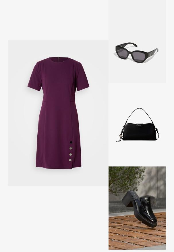 Robe violette à manches courtes avec une coupe au genou, encolure ronde, poche latérale et boutons noirs décoratifs le long de la couture latérale gauche.; Mule slip-on en cuir noir Calvin Klein avec talon bloc reposant sur des carreaux en bois à l'extérieur près d'une plante verte et d'un mur gris.; Lunettes de soleil noires au design lisse et angulaire, avec des verres foncés et un logo en argent contrastant sur le côté. Texture en plastique lisse.; Sac à main rectangulaire noir Calvin Klein avec une seule sangle supérieure, un charm logo argenté et une petite fermeture à rabat sur le devant.
