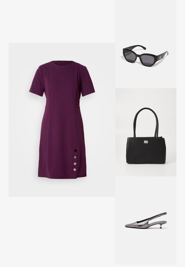 Vestido morado de manga corta con corte a la altura de la rodilla, escote redondo, bolsillo lateral y botones decorativos negros a lo largo de la costura lateral izquierda.; Zapato slingback gris metálico con punta puntiaguda, tacón bajo tipo kitten y correa ajustable sobre fondo blanco.; Gafas de sol negras con un diseño elegante y angular, lentes oscuros y un logo plateado en contraste en el lateral. Textura de plástico suave.; Bolso tote negro hecho de material sintético suave, con dos asas largas y forma rectangular. Acento de logo plateado en la parte frontal.
