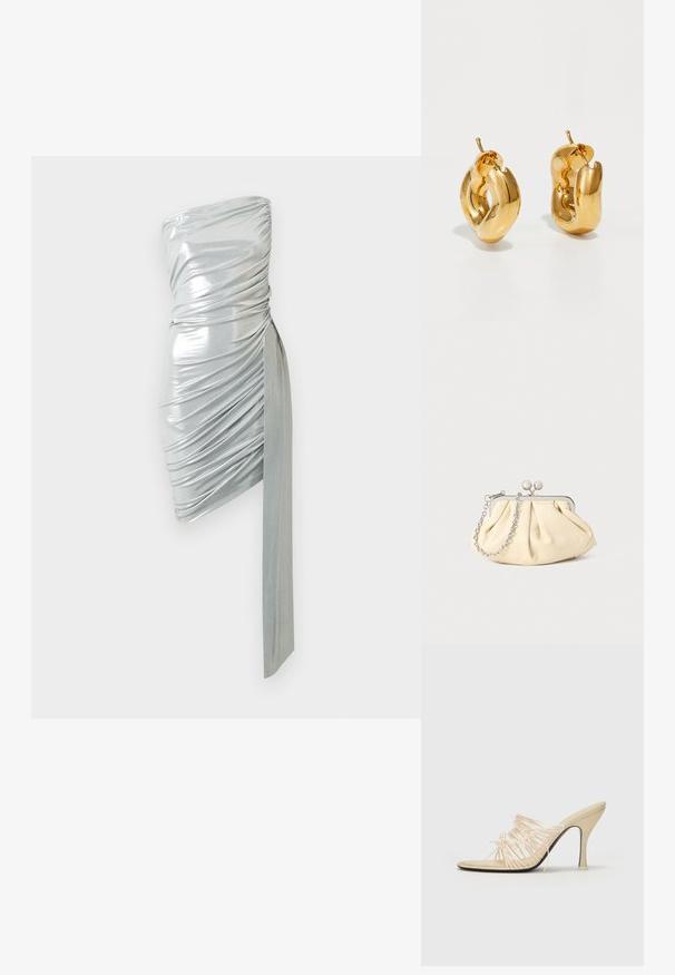 Stropfri metallisk sølv mini kjole med rynket stof og forlænget draperet bånd hængende fra den ene side.; NEOUS AURIGA - Mules med hæl - cream; Plisseret beige læderclutch med en sølvmetalramme, der har to runde dekorative låse og en sølvkædetrasporte.; Chunky guld hoop øreringe med et let snoet, rørformet design og postsystem bagpå, på en hvid baggrund.