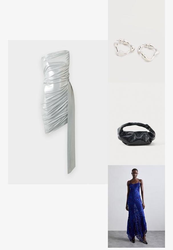 Stropfri metallisk sølv mini kjole med rynket stof og forlænget draperet bånd hængende fra den ene side.; Blå og lilla dyreprint maxi kjole med tynde stropper, en tætsiddende bodice, flagrende kant og gennemsigtig overlay-detaljering.; Sort taske lavet af blankt, tekstureret materiale med et cirkulært, snoet håndtag og lynlås. Har et blødt, rynket design.; Øreringe i sølvfarvet tone med uregelmæssig form og bagerste lukning med stift, placeret på en ensfarvet hvid overflade.