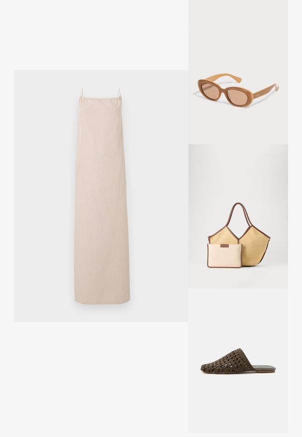 Beige and white vertical striped sleeveless maxi dress with thin shoulder straps and a straight neckline.; Brown woven slip-on mule with a flat sole and closed rounded toe on a white background.; Brown oval sunglasses with thick frames and tinted lenses, angled slightly with Max Mara logo on the temple arm.; Beige woven tote bag with brown trim and handles, accompanied by a smaller beige pouch with brown edges and a zipper.