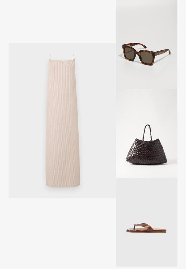 Beige and white vertical striped sleeveless maxi dress with thin shoulder straps and a straight neckline.; Brown leather flip-flop with a textured strap and smooth insole. Features a minimalist design and a flat sole, suitable for casual wear.; Tortoiseshell sunglasses with square lenses, dark brown tint, and distinctive front accents; smooth texture and sturdy frame design.; DRAGON DIFFUSION SANTA CROCE BIG - Handbag - dark brown