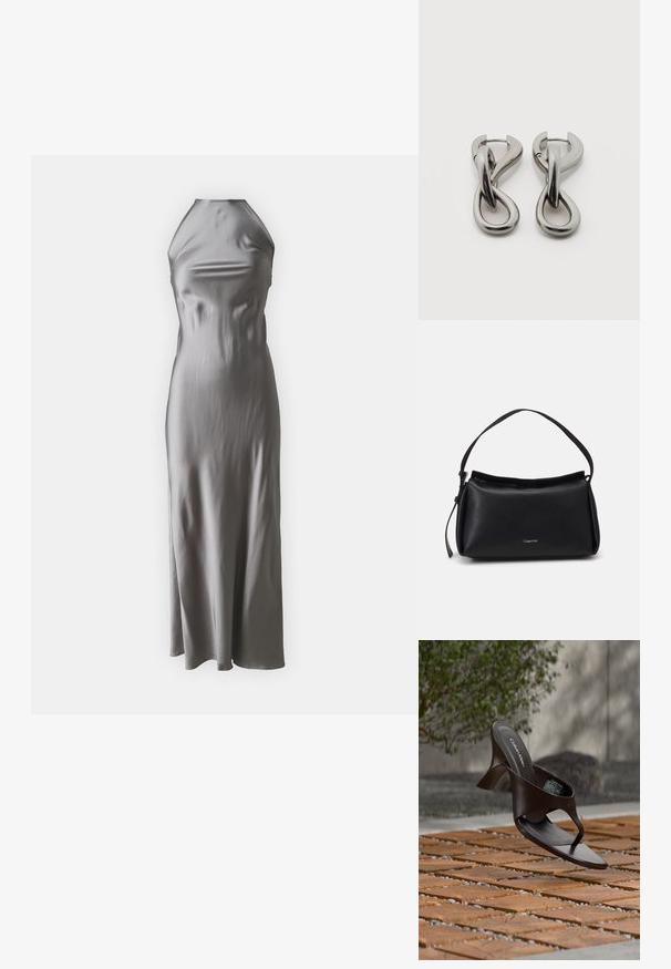 Vestido halter de satén en gris claro, con un corpiño ajustado y una falda de línea A fluida, con una textura suave y un diseño minimalista.; Sandalia de tiras con tacón marrón de Calvin Klein suspendida sobre suelo exterior de loseta de madera y grava, con fondo desenfocado de vegetación y piedras.; Bolso de mano de cuero negro con una forma curva, una sola correa y un cierre de cremallera en la parte superior. Presenta un logo sutil en la parte delantera para la marca.; Par de pendientes de metal con acabado plateado y diseño abstracto de bucles entrelazados sobre un fondo blanco.