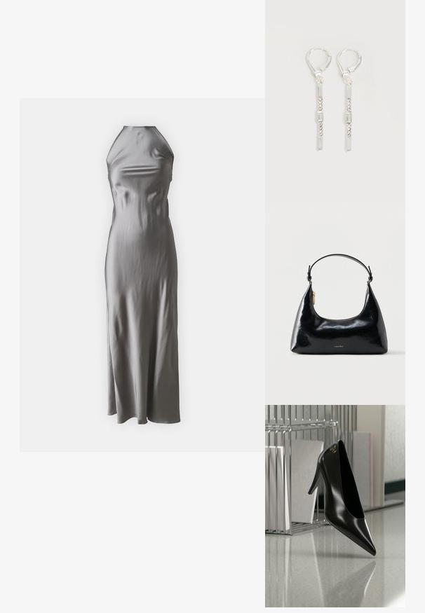 Vestido halter de satén en gris claro, con un corpiño ajustado y una falda de línea A fluida, con una textura suave y un diseño minimalista.; Zapato de tacón alto negro con punta afilada y logo dorado, colocado sobre una superficie reflectante cerca de un organizador de archivos de alambre cromado con documentos.; Bolso negro brillante de Calvin Klein con cremallera dorada y correa corta sobre un fondo blanco liso.; Pendientes colgantes de plata con cristales transparentes rectangulares y redondos en una línea vertical, asegurados con cierres tipo leverback.