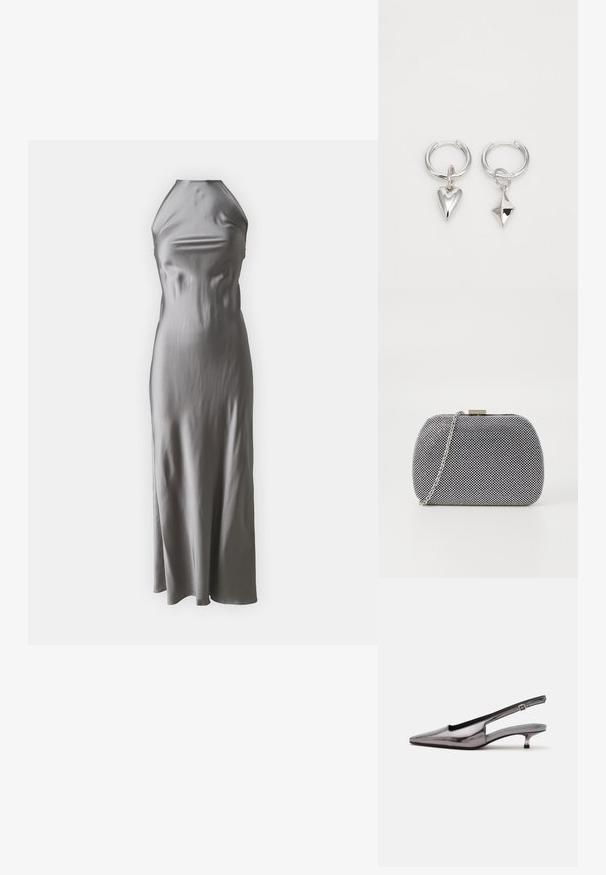 Vestido halter de satén en gris claro, con un corpiño ajustado y una falda de línea A fluida, con una textura suave y un diseño minimalista.; Zapato slingback gris metálico con punta puntiaguda, tacón bajo tipo kitten y correa ajustable sobre fondo blanco.; Bolso de mano texturizado en blanco y negro con forma redondeada, correa de cadena plateada y un cierre de metal en la parte superior.; Pendientes de aro de plata que presentan un corazón y un colgante en forma de diamante. Textura suave con un acabado pulido.