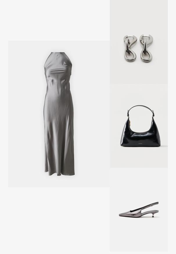 Robe dos nu en satin gris clair, avec un corsage ajusté et une jupe évasée fluide de style ligne A, à la texture lisse et au design minimaliste.; Chaussure slingback gris métallique à bout pointu, petit talon kitten et bride réglable sur fond blanc.; Sac à main Calvin Klein noir brillant avec fermeture éclair dorée et anse courte sur fond blanc uni.; Paire de boucles d'oreilles en métal argenté avec un motif abstrait d'anneaux entrelacés sur fond blanc.