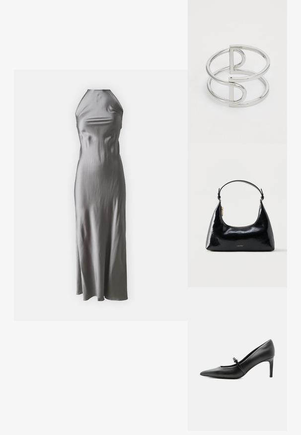 Vestido halter de satén en gris claro, con un corpiño ajustado y una falda de línea A fluida, con una textura suave y un diseño minimalista.; Zapato de tacón alto de cuero negro con punta puntiaguda, con tira fina y hebilla sobre el empeine, sobre fondo claro y neutro.; Bolso negro brillante de Calvin Klein con cremallera dorada y correa corta sobre un fondo blanco liso.; Brazalete de metal plateado con un diseño de doble lazo, acabado liso y brillante, y un acento geométrico minimalista.