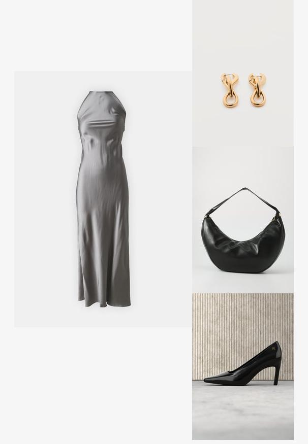 Robe dos nu en satin gris clair, avec un corsage ajusté et une jupe évasée fluide de style ligne A, à la texture lisse et au design minimaliste.; Chaussure à talon haut noire à bout pointu avec un détail logo doré, placée debout sur une surface réfléchissante à côté d'un organiseur de dossiers en métal.; Sac à épaule en cuir noir, de forme courbée, avec une texture douce et une seule sangle; il comporte une fermeture éclair dorée et un logo discret.; Paire de boucles d'oreilles créoles en bouclettes dorées brillantes sur fond blanc uni, présentant un design torsadé entrelacé.