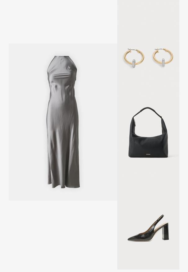 Satiinist kaelusevööga kleit helehallis toonis, millel on liibuv kereosa ja voolav A-lõikeline seelik, sileda tekstuuri ja minimalistliku disainiga.; Mustast nahast terava varbaga slingback-kinga kõrge plokk-kontsaga ja beežsisemise voodriga tavalise heledal taustal.; Mustast nahast õlakott punutud sangaga, kuldse tõmbluku detaili ja väikese kullakarva "HUGO" logoga ees keskel.; Kuldse tooniga rõngakujulised kõrvarõngad, kummalgi väike hõbedase tooniga aasa detail, esitletud heleda halli tausta ees.