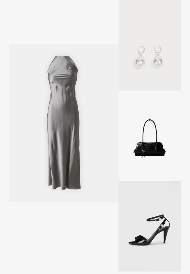 Vestido halter de satén en gris claro, con un corpiño ajustado y una falda de línea A fluida, con una textura suave y un diseño minimalista.; Sандalia de tacón alto de charol negro con dobles correas en el tobillo y hebillas doradas, punta abierta y tacón delgado y afilado sobre un fondo neutro.; Bolso de hombro negro de cuero con textura de cocodrilo, con correas largas y un pequeño colgante de logo plateado en una correa.; Pendientes de plata en forma de gota con superficies redondas y reflectantes colgando de cierres de palanca. El fondo es blanco liso.