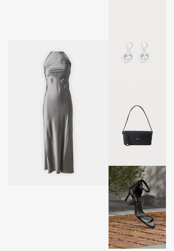 Vestido halter de satén en gris claro, con un corpiño ajustado y una falda de línea A fluida, con una textura suave y un diseño minimalista.; Sandalia negra de tacón alto con correa en el tobillo, parece suspendida sobre un suelo de baldosas de madera al aire libre, con un fondo difuminado de vegetación y piedra.; Bolso de hombro de piel negra con el logo dorado "BOSS" en la parte delantera y un pequeño emblema dorado colgando de la correa lateral.; Pendientes de plata en forma de gota con superficies redondas y reflectantes colgando de cierres de palanca. El fondo es blanco liso.