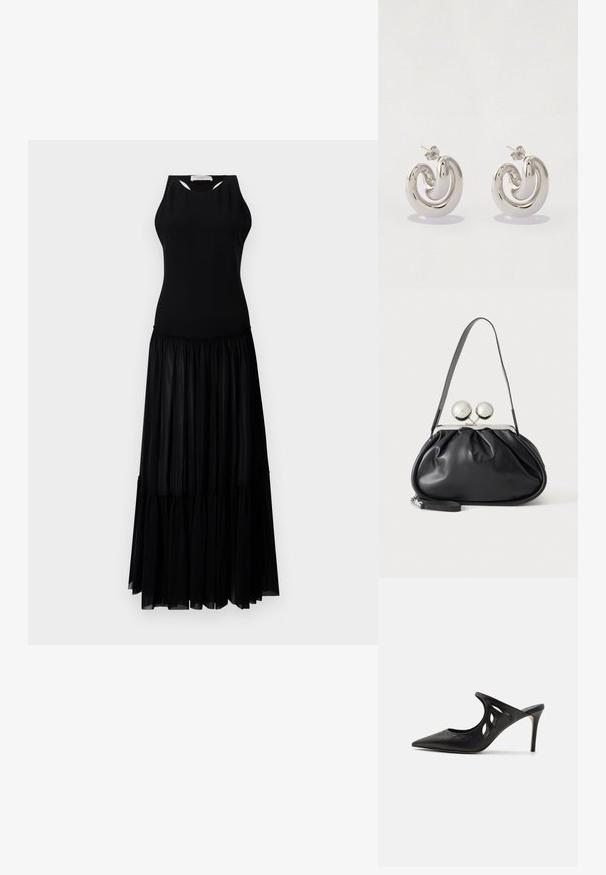 Mustmustel dress, millelise ülaosaga, millel on lõikeavad ja tiered seelik, mis on valmistatud kergest ja voolavast kangast.; Mustad nahast kõrge kontsaga mulesed, millel on terav varvas, lõikega küljekujundus ja sile tekstuur. Stiletto konts ja peen õmbluse detail.; Mustast nahast käekott kogutud disainiga, ühe rihmaga, hõbedase metallraamiga ja kahe suure ümmarguse hõbedase klambriga.; Hõbedased metallkõrvarõngad, millel on keerduv disain, sile pind ja poleeritud viimistlus, kinnitatakse liblikaklambiga.