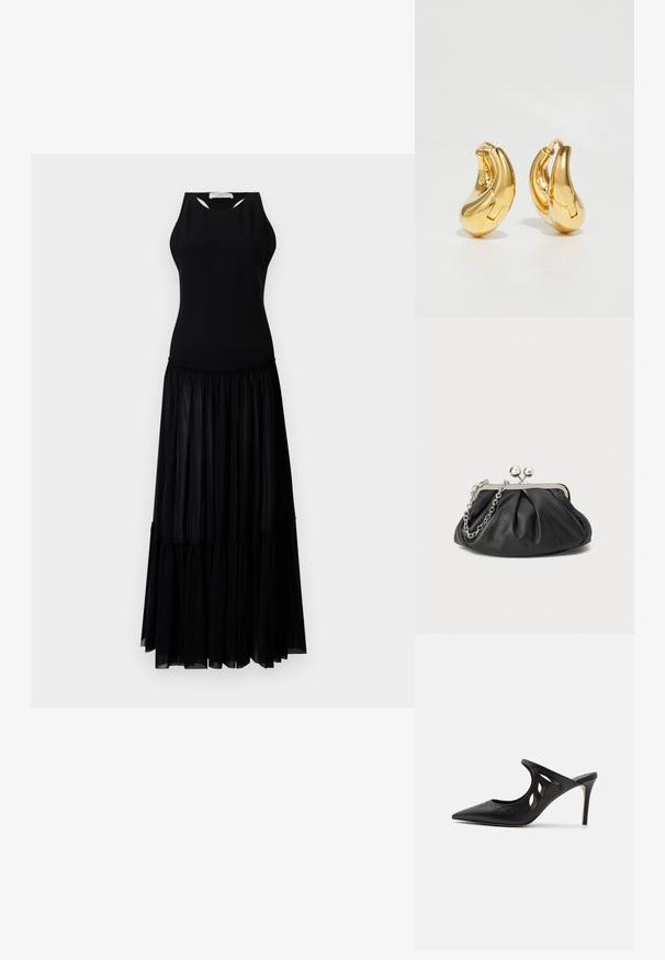Mustmustel dress, millelise ülaosaga, millel on lõikeavad ja tiered seelik, mis on valmistatud kergest ja voolavast kangast.; Mustad nahast kõrge kontsaga mulesed, millel on terav varvas, lõikega küljekujundus ja sile tekstuur. Stiletto konts ja peen õmbluse detail.; Musthave musta nahast käekott, millel on volditud tekstuur, hõbedane metallraam, lukustatud sulgemismehhanism ja kett. Sile ja pehme pind.; Kuldne rõngastüüpi kõrvarõngad sujuva, kõverdatud kujuga ja läikiva viimistlusega. Omavad sulgemismehhanismi ja väikeseid süvendusi detailideks.