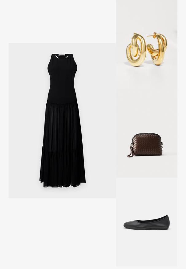 Mustmustel dress, millelise ülaosaga, millel on lõikeavad ja tiered seelik, mis on valmistatud kergest ja voolavast kangast.; Musthave mustika tantsutossud mustast nahast, ümmarguse varbaga, siledast tekstuurist, minimaalse õmblusdetailiga ja paindliku tallakujundusega.; Tumepruun punutud nahast randmekott tõmblukuga ja punutud rihmaga, mis on kinnitatud ühe külje külge.; Charlotte Chesnais BO INITIAL BLOW - Kõrvarõngad - gold-coloured