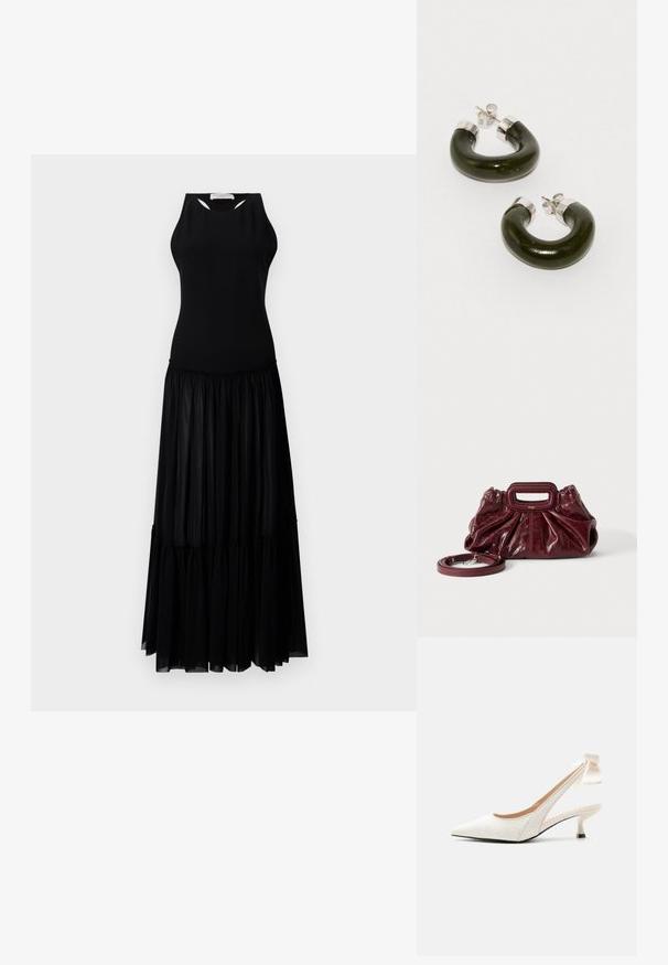 Mustmustel dress, millelise ülaosaga, millel on lõikeavad ja tiered seelik, mis on valmistatud kergest ja voolavast kangast.; Valge terava ninaga slingback-stiilis madala kontsaga king tekstuurse kangaga ja lipsu detailiga pahkluu rihmal.; Väike tumepunane nahast käekott kogutud tekstuuriga, ristkülikukujulise käeava käepideme ja eemaldatava õlarihmaga valgel taustal.; Tumedast rohelised rõngas kõrvarõngad, valmistatud läikivast materjalist, mille ülaosas on hõbedase tooni metallelemendid ja poleeritud viimistlus.