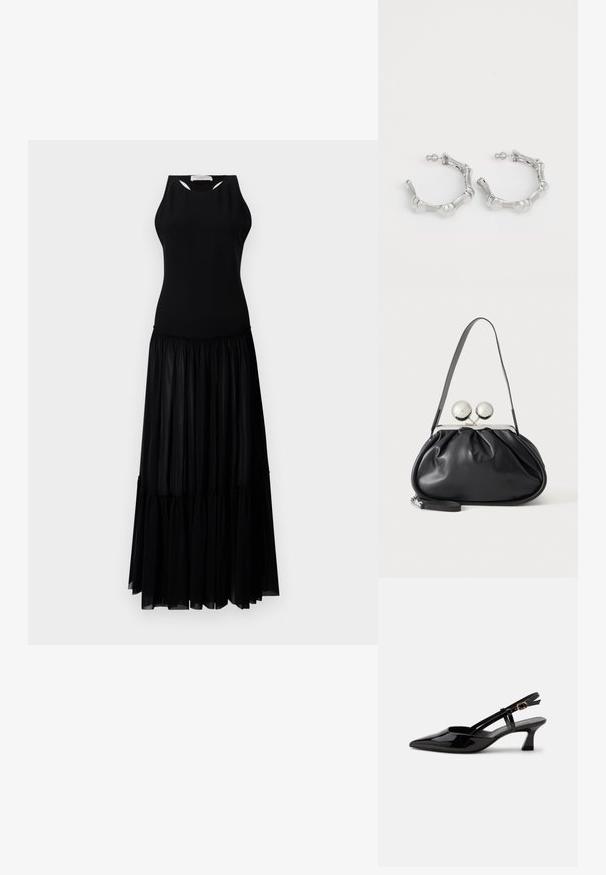 Zwarte jurk met een mouwloze top met uitsnijdingen en een gelaagde rok van lichtgewicht, vloeiend materiaal.; Zwarte lakleren slingback kitten heel schoen met spitse neus en verstelbare gouden gespsluiting op een witte achtergrond.; Zwarte leren handtas met een geplooid ontwerp, een enkele schouderband, zilverkleurige metalen omlijsting en twee grote ronde zilveren sluitingen.; Zilveren oorringen met een gestructureerd, bobbelig ontwerp. Gemaakt van metaal, met een veilige paatsluiting en een gepolijste afwerking.