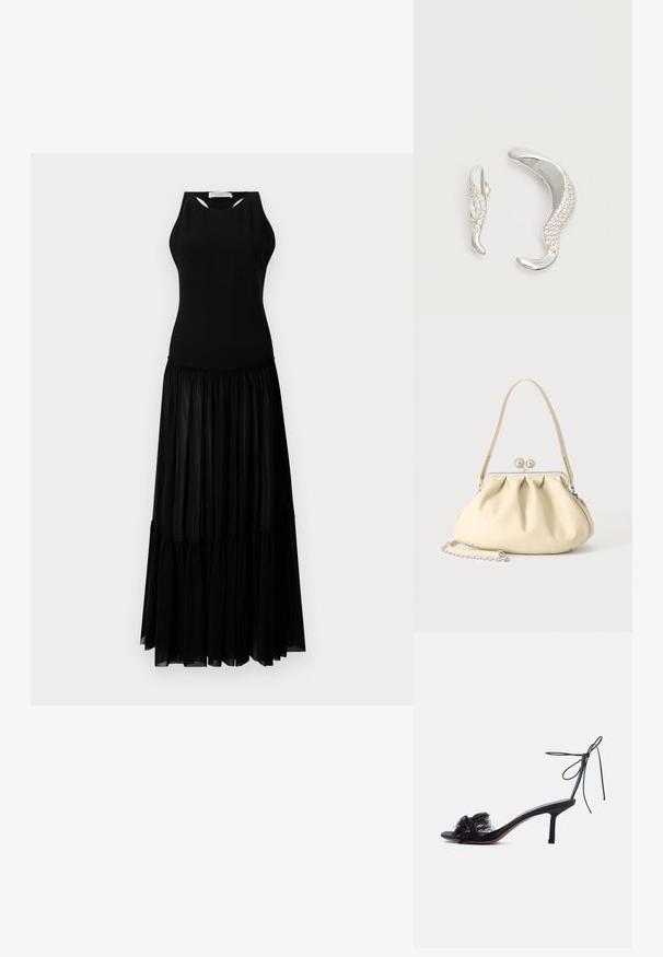 Vestido negro con un top sin mangas y detalles de corte, y una falda en capas hecha de una tela ligera y fluida.; Sandalia negra de tacón alto y punta abierta con tira que se ata al tobillo y detalles de encaje en la banda frontal sobre un fondo liso claro.; Bolso de mano de piel suave color crema con diseño fruncido, cierre de marco plateado, asa corta y una correa de cadena desmontable.; Dos pendientes de plata curvados, uno más grande que el otro, ambos adornados con pequeños cristales brillantes a lo largo de un borde.