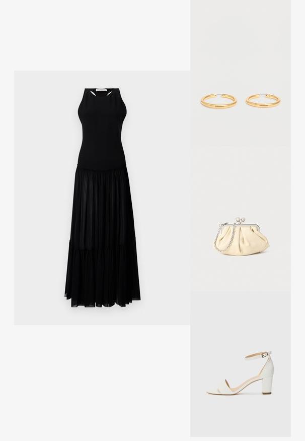 Mustmustel dress, millelise ülaosaga, millel on lõikeavad ja tiered seelik, mis on valmistatud kergest ja voolavast kangast.; Valge avatud varba kõrge kontsaga sandaal, millel on lai rihm üle jala, pahkluu rihm klambriga ja jäme konts. Sile tekstuur, minimaalne disain.; Kortsus beežist nahast kotike, millel on hõbedane metallraam, kaunistatud kahe ümmarguse dekoratiivse lukuga ja hõbedase ketispideme. ; Keskmise suurusega poleeritud kuldset rõngakujulist kõrvarõngaste paari õhukeste traadist kinnitustega tavalise valge tausta peal.