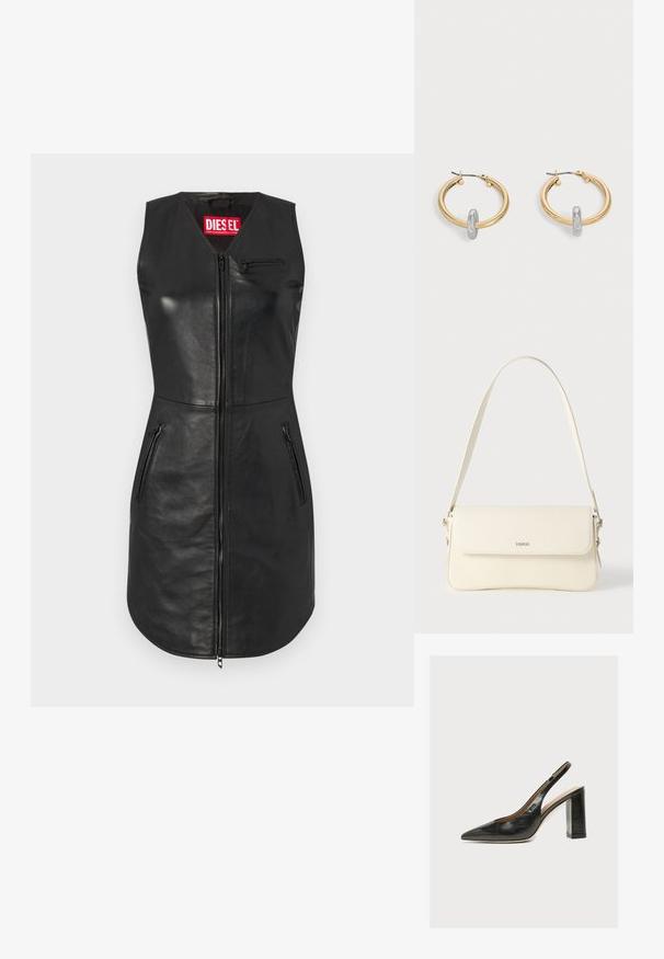 Robe sans manches en cuir noir avec une fermeture éclair, deux poches latérales et une poche poitrine zippée. Logo Diesel notable en rouge sur le col.; Escarpin slingback en cuir noir pour femme avec bout pointu et talon bloc épais et haut sur fond blanc.; Sac à bandoulière en cuir couleur crème avec fermeture à rabat, quincaillerie argentée, une bandoulière réglable et un logo discret.; Paire de boucles d'oreilles créoles dorées avec un petit détail boucle ton argent sur chaque, exposées sur fond gris clair.