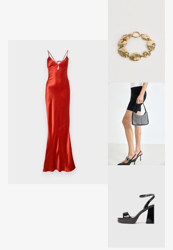 Rotes Satin-Maxikleid mit taillierter Brustpartie, verstellbaren Spaghettiträgern und einem Schlüsselloch-Ausschnitt am Ausschnitt. Glatte, geschmeidige Textur.; Schwarze Lackleder-Plateausandale mit klobigem hohen Absatz und Riemen mit Schnalle am Knöchel auf weißem Hintergrund.; Schwarze Perlen-Handtasche mit geschwungener Silhouette, Tragegriff und glänzender Textur. Kombiniert mit schwarzen High Heels und enganliegenden schwarzen Shorts.; Goldfarbiges, massives Armband mit abwechselnd großen und kleinen unregelmäßigen ovalen Gliedern und einem Knebelverschluss auf weißem Hintergrund.