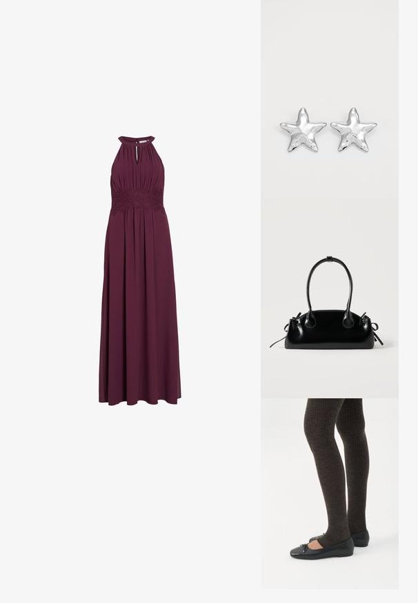 Vestido largo burdeos sin mangas con escote halter, abertura en forma de ojo de cerradura, cuerpo plisado y detalle de banda de encaje en la cintura.; Piernas con leggings oscuros acanalados combinados con bailarinas negras que presentan pequeños detalles de lazo sobre un fondo blanco.; Pequeño bolso negro brillante con dos asas largas y detalles de cordón lateral sobre un fondo claro liso.; Pendientes en forma de estrella plateada con una superficie pulida y brillante. Cada pendiente presenta cinco puntas y sutiles detalles de textura en la superficie.