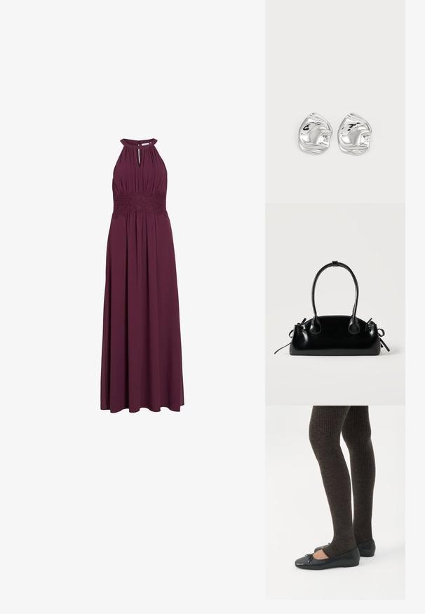 Vestido largo burdeos sin mangas con escote halter, abertura en forma de ojo de cerradura, cuerpo plisado y detalle de banda de encaje en la cintura.; Piernas con leggings oscuros acanalados combinados con bailarinas negras que presentan pequeños detalles de lazo sobre un fondo blanco.; Pequeño bolso negro brillante con dos asas largas y detalles de cordón lateral sobre un fondo claro liso.; Pendientes de studs en forma abstracta de plata con un acabado pulido, que presentan curvas suaves y contornos sutiles. Sin patrones o acentos visibles.
