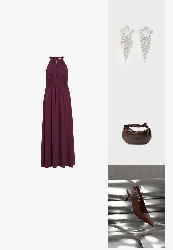 Vestido largo burdeos sin mangas con escote halter, abertura en forma de ojo de cerradura, cuerpo plisado y detalle de banda de encaje en la cintura.; Zapato slingback marrón con punta, tacón bajo y correa con hebilla, reposando sobre una superficie acolchada plateada metálica y brillante.; Bolso de hombro de cuero marrón oscuro con una forma suave y caída, y un asa con nudo torcido sobre un fondo blanco liso.; Pendientes en forma de estrella con strass y detalles de flecos en cascada, con un tono plateado y una superficie brillante y reflectante. Forma de estrella con un diseño intrincado.