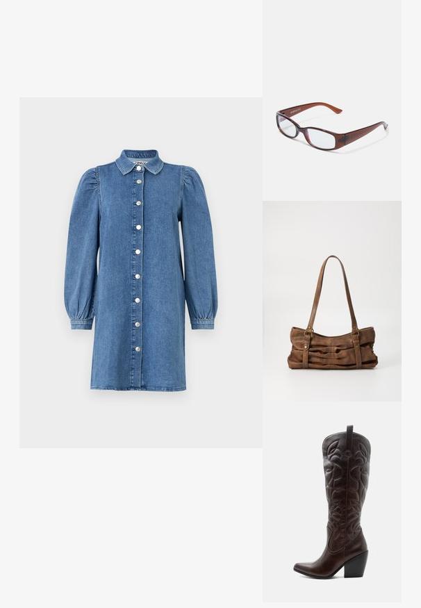 Denimkleid mit langen Puffärmeln, Knopfleiste, Kragen und geradem Schnitt. Blauer Stoff mit glatter Textur.; Hoher dunkelbrauner Leder-Cowboystiefel mit gestickten dekorativen Mustern, spitzer Spitze und gestapeltem Blockabsatz.; Braun getönte rechteckige Brille mit glänzender Oberfläche, schlanken Bügeln und transparenten Gläsern. Logo auf dem linken Bügel sichtbar.; Even&Odd by Zalando Handtasche - brown