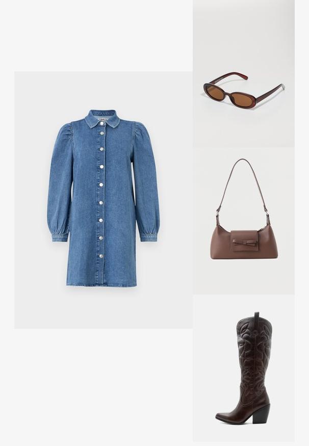 Denimkleid mit langen Puffärmeln, Knopfleiste, Kragen und geradem Schnitt. Blauer Stoff mit glatter Textur.; Hoher dunkelbrauner Leder-Cowboystiefel mit gestickten dekorativen Mustern, spitzer Spitze und gestapeltem Blockabsatz.; Runde, braun getönte Sonnenbrillen mit einem glänzenden burgunderfarbenen Rahmen. Schlanke Bügel mit dezentem Branding. Flaches Linsendesign.; Braune Leder-Umhängetasche mit einer vorderen Klappentasche, die ein gestepptes Schleifendetail und einen verstellbaren Riemen aufweist.