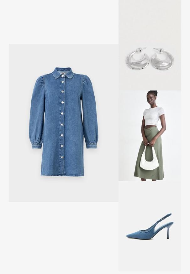 Robe en denim avec de longues manches bouffantes, fermeture à boutons sur le devant, col et coupe droite. Tissu bleu à texture lisse.; Chaussure à talon haut slingback en denim bleu à bout pointu avec détails œillets argentés et bride réglable à boucle.; Top court rayé gris et jupe taille haute verte olive. Le mannequin tient un sac à bandoulière blanc avec des découpes. Design simple, silhouette ajustée.; Une paire de boucles d'oreilles en croissant argenté poli avec des supports en plastique transparent sur une surface blanche.
